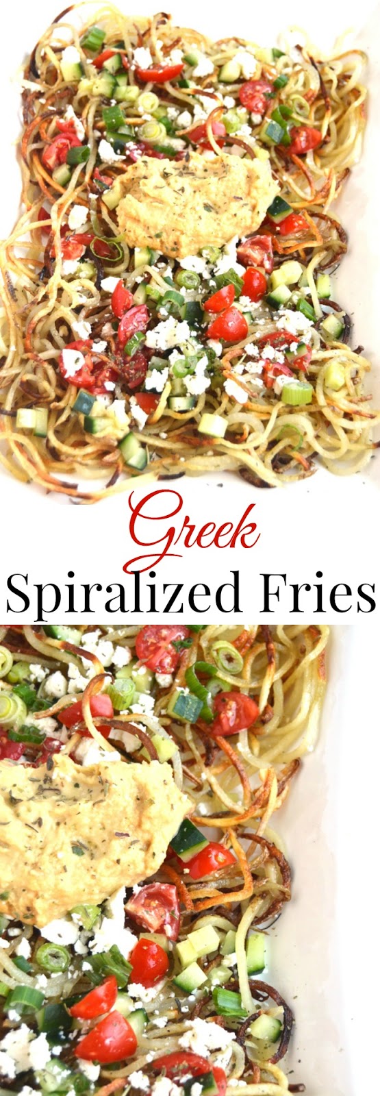 Greek Spiralized Fries are crispy, flavorful and loaded with your favorite toppings including cucumber, hummus, tomatoes, feta cheese and green onions! www.nutritionistreviews.com