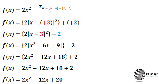 Translacja wykresu funkcji f(x) o wektor [3, 2], polega na przesunięciu wykresu o 3 jednostki w prawą stronę równolegle do osi odciętych (x) i o 2 jednostkę w górę równolegle do osi rzędnych (y). Do wzoru funkcji f(x) w miejsce x podstawiamy [x-3] i dodajemy 2.