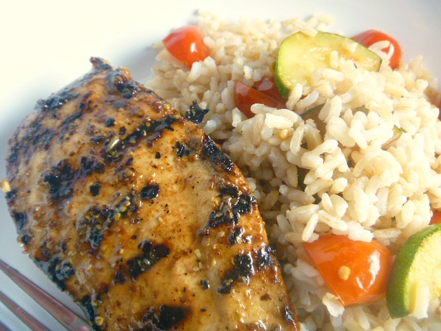 Grilled Balsamic Chicken with Mediterranean Rice:  Grilled chicken smothered in the complex flavors of balsamic vinegar, Dijon, and lemon turn this into a company worthy meal, but simple enough for a family weeknight meal. - Slice of Southern