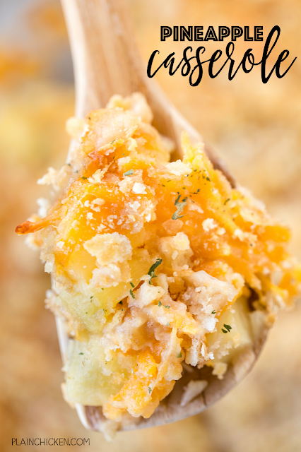 Pineapple Casserole - sounds weird, but this is THE BEST! Everyone raved about this easy casserole. Only 6 ingredients - pineapple chunks, flour, sugar, cheddar cheese, Ritz crackers, butter. SO easy and SO delicious! Great for potlucks! Everyone always asks for the recipe. Pineapple Casserole - sounds weird, but this is THE BEST! Everyone raved about this easy casserole. Only 6 ingredients - pineapple chunks, flour, sugar, cheddar cheese, Ritz crackers, butter. SO easy and SO delicious! Great for potlucks! Everyone always asks for the recipe.