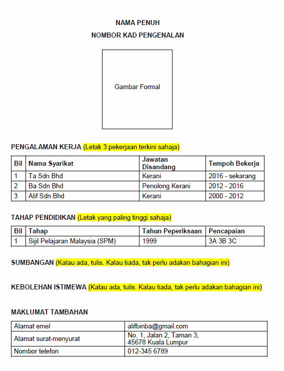 Bahasa Melayu Contoh Resume Simple