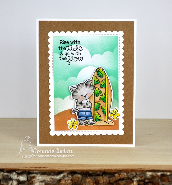 Cat with Surfboard Beach Card by Amanda Bodine | Newton's Perfect Wave Stamp Set, Clouds Stencil and Framework Die Set by Newton's Nook Designs #newtonsnook #handmade