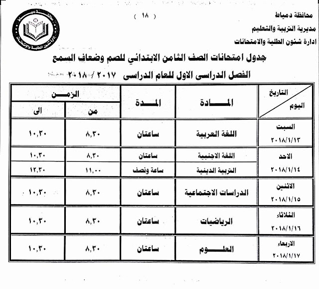 جداول امتحانات محافظة دمياط الترم الأول 2018  24232035_1500770733325937_3635431385489836721_n