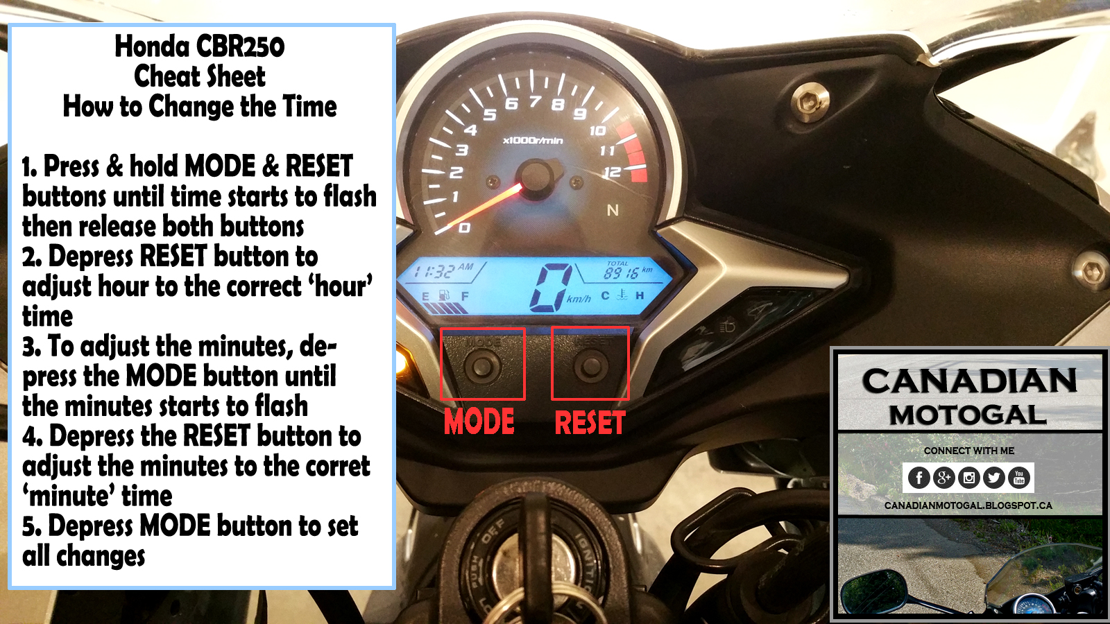 Canadian Moto Gal 2012 Honda CBR250 Cheat Sheet How to Adjust Clock/Time