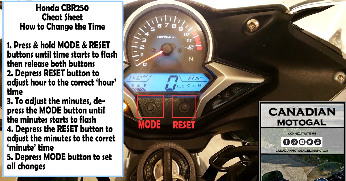 Canadian moto gal 2012 honda cbr250 cheat sheet how to adjust clock time