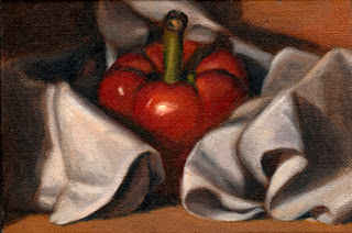 Oil painting of a red pepper surrounded by a loose-hanging tea towel.