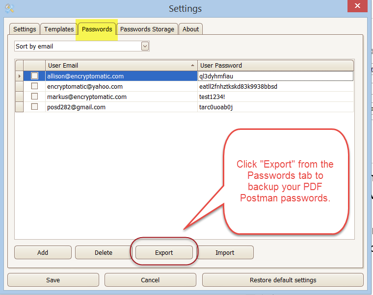 Screen shot of PDF Postman email encryption add-in for MS Outlook showing the location of the password Export button.