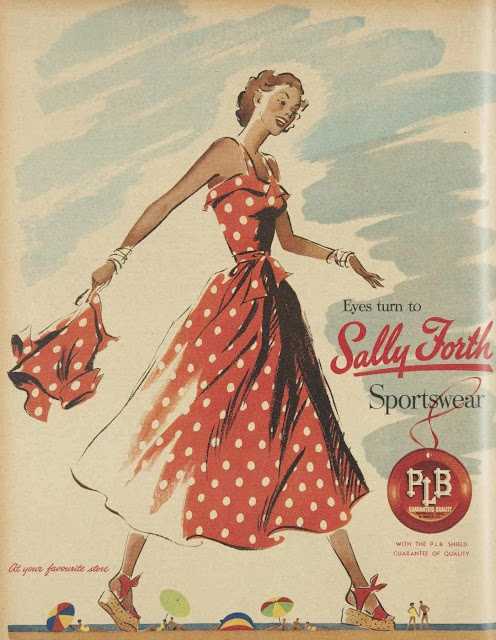 Vintage 1950s ad with red and white polkadot dress