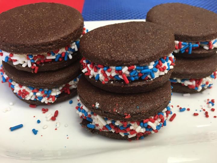 Dying for Chocolate CHOCOLATE SANDWICH COOKIES WITH RED, WHITE, & BLUE