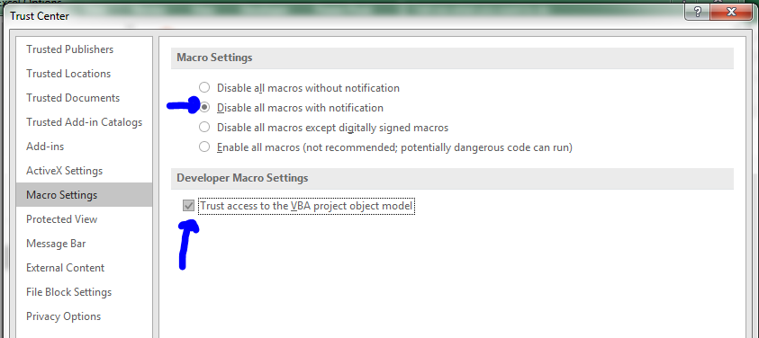 Disable am. Disable all macros except digitally signed macros..