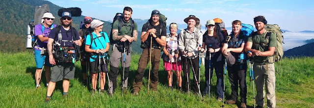 Monty Halls, film crew and support team, Pyrenees, June 2017, first day of filming for the Channel 4 series 'Freeom Trails'