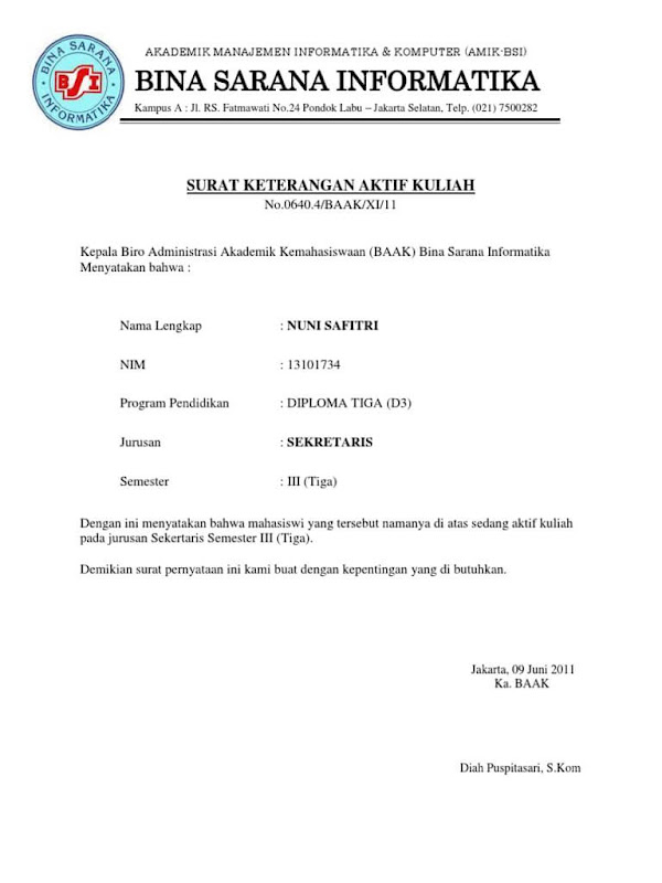 Contoh Surat Pernyataan Non Aktif Kuliah Suratmenyurat Net