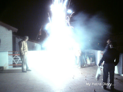 Dazzling display of fireworks outside the Badrinath Temple in the Garhwal Himalayas