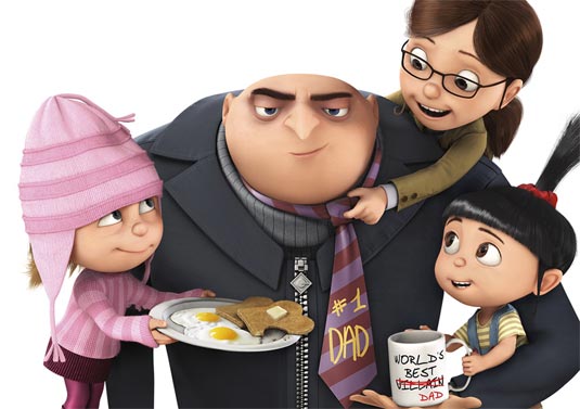 Gru with the orphan girls in Despicable Me 2010 animatedfilmreviews.filminspector.com