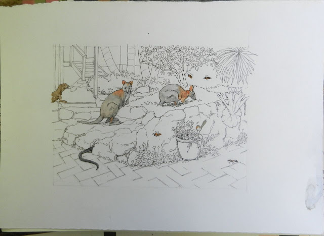 unfinished drawing of animals in the back garden
