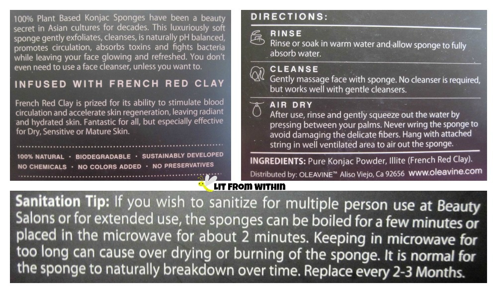 Oleavine konjac sponge with red clay instructions, directions.