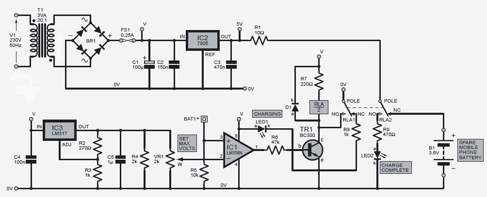 Mobile Phone Battery Charger circuit schematic with explanation