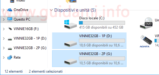 Windows 10 Risorse del computer con partizioni chiavetta USB
