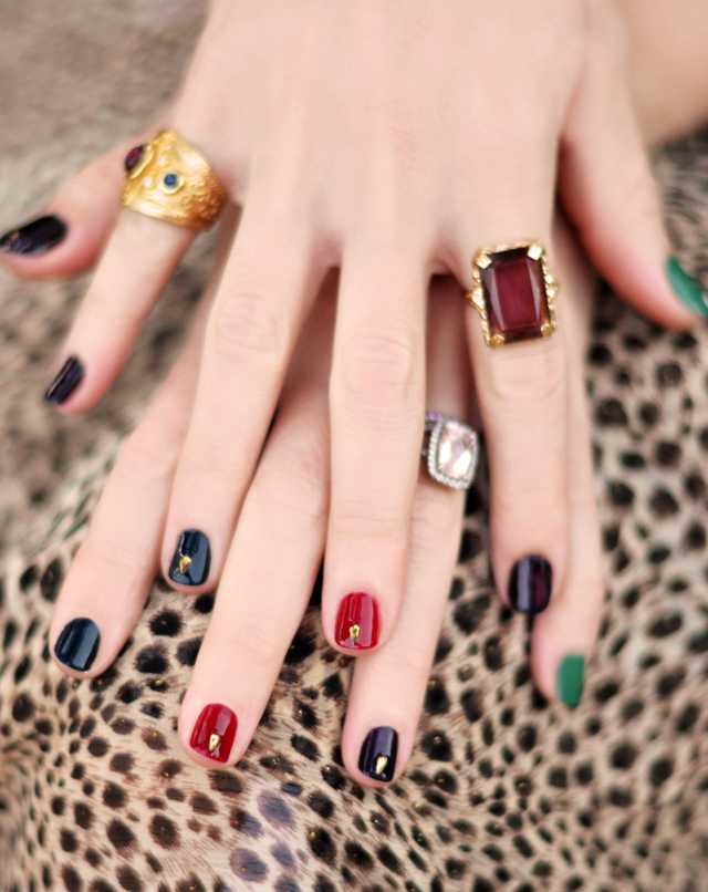 bejeweled nails, jewel tone manicure