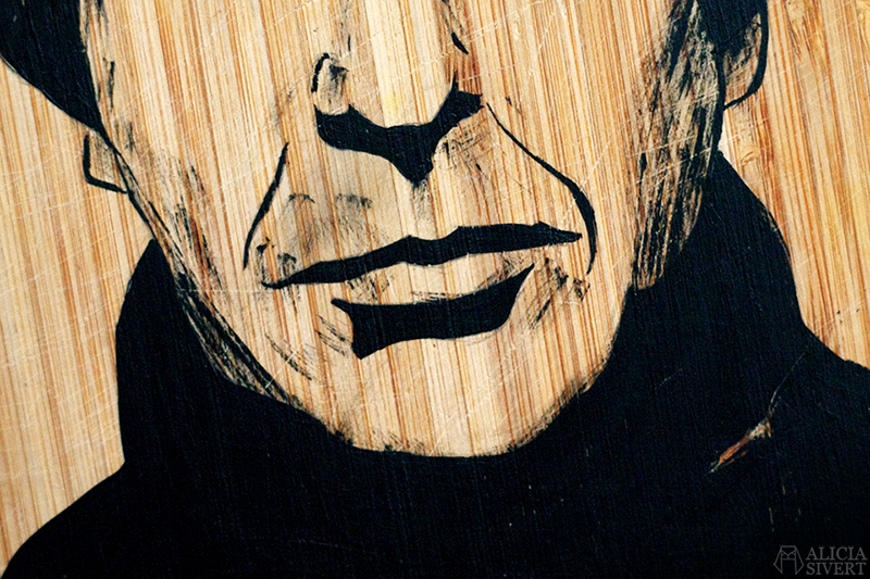 Leonard Cohen (detail), painting by Alicia Sivertsson, 2016. Acrylics on wood.