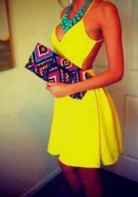 Summer look | Backless yellow neon dress, patterned clutch and ...