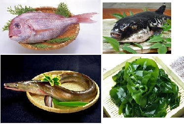 The grace of delicious sea, Naruto Strait, Tai (sea bream), Hugu (puffer fish), Hamo (sharp-toothed eel), and Wakame