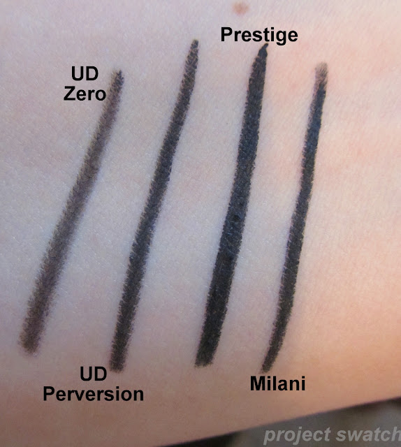 Black pencil eyeliner comparison - UD Zero, Perversion, Prestige, Milani