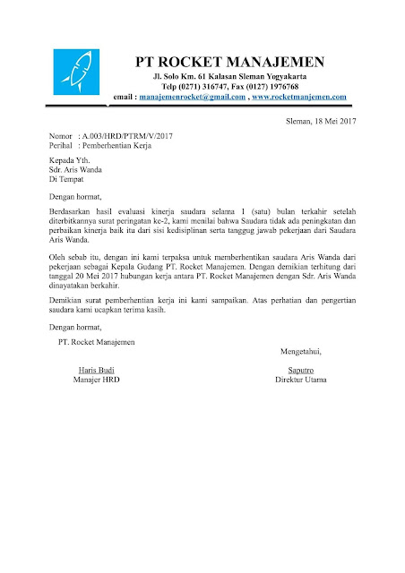 Contoh Surat Pemutusan Hubungan Kerja (PHK) - Assalam Print