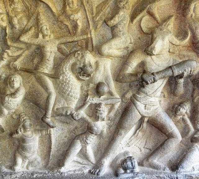 Mahabalipuram - Sculpture of Durga slaying demon- Pallava architecture