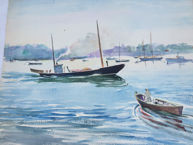 Heading to the Moored Boat Watercolor by Francis J. Quirk Maine Artist Francis Quirk, Maritime Painting