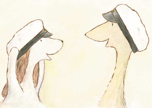 YO-lakit / Graduation caps Postcard illustration of Hulmu Hukka and Haukku Spaniel having graduation caps