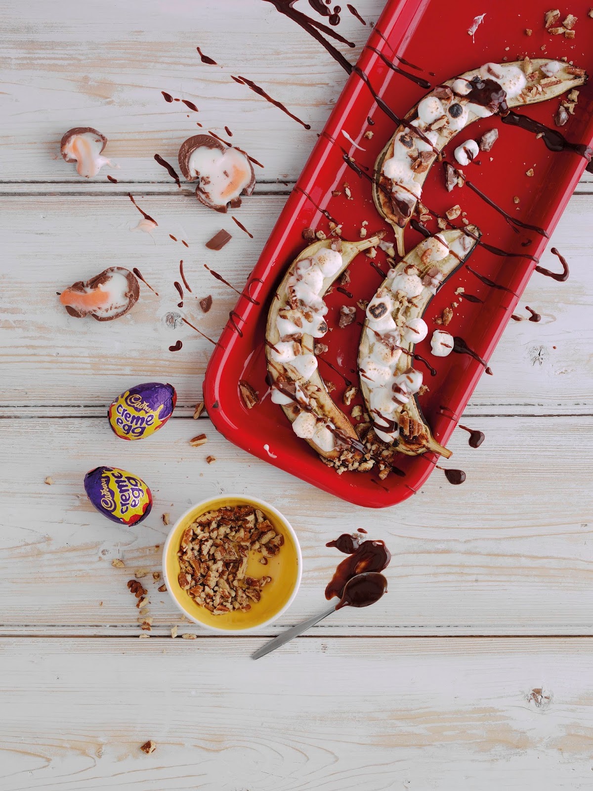 Grilled Banana Boats With, Pecans, Marshmallow And A Claire Justine