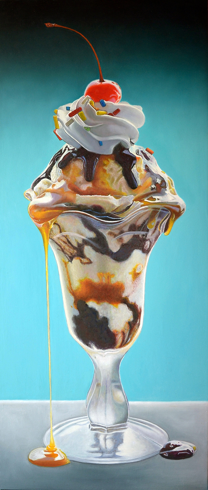06-Butterscotch Fudge Sundae-Mary-Ellen-Johnson-A-Sweet-Tooth-s-Dream-in-Food-Art-Paintings-www-designstack-co