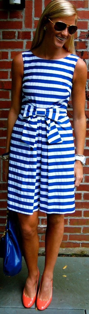 outfit post: blue & white striped dress, white cardigan, orange belt