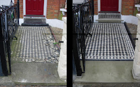 Restored Victorian mosaic path and porch with new York stone porch step and threshold