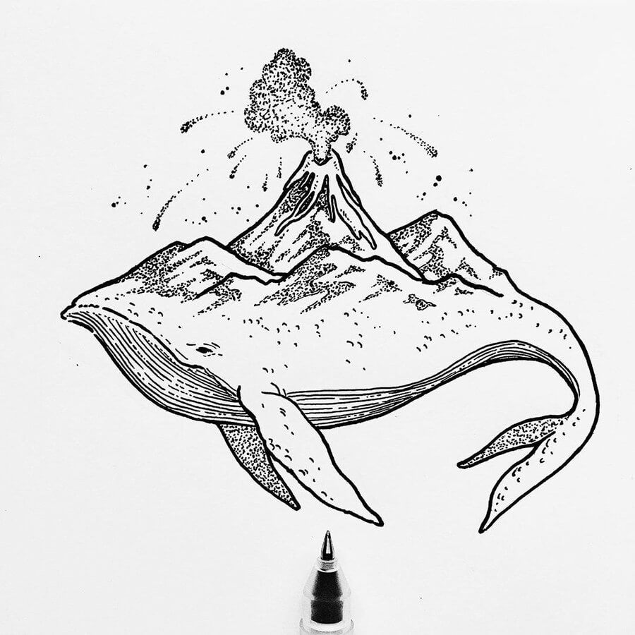 11-Whale-Volcano-Ink-Drawings-Stephanie-Mai-www-designstack-co