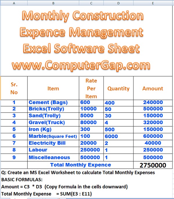 Monthly House Building Expenses Calculator Formulas in Excel