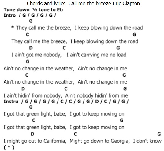Printable Lyrics To Call Me The Breeze