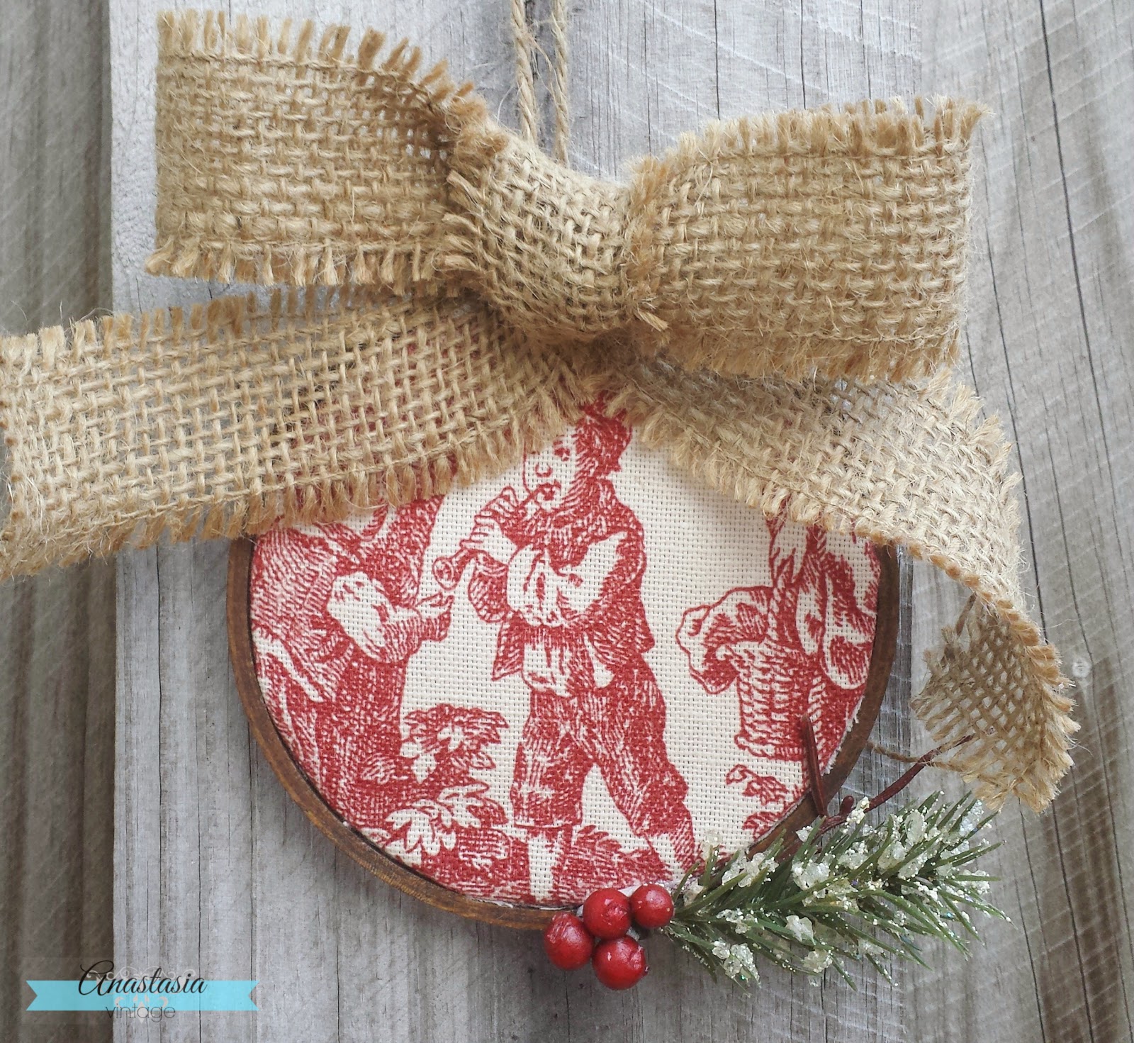 repurposed embroidery hoop Christmas ornament toile burlap