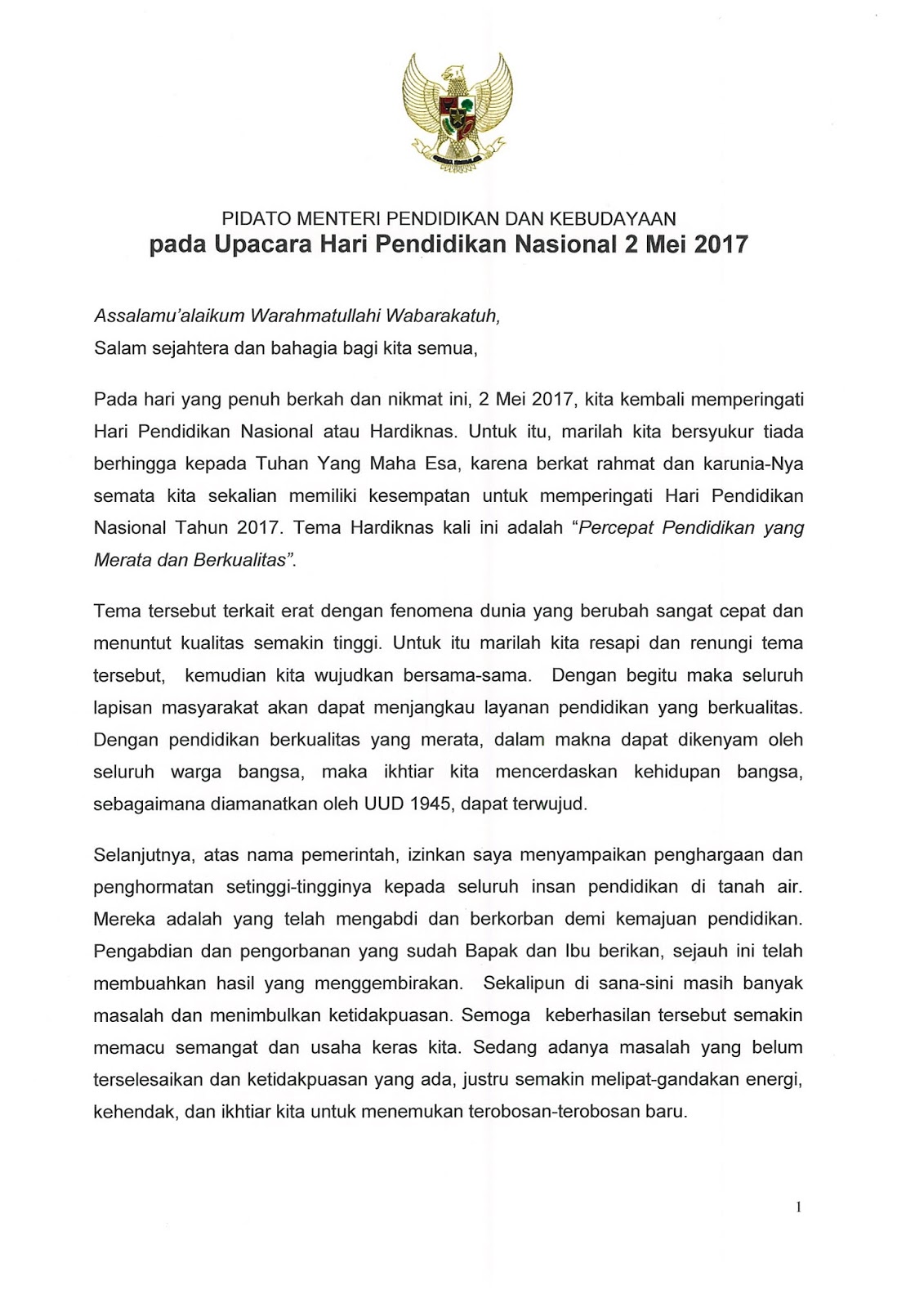 Pidato Sambutan Mendikbud Pada Upacara Hardiknas 2 Mei 2017 | Inspirasi