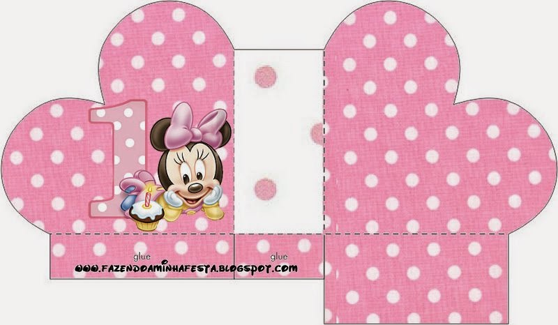 Minnie Primer Año con Lunares: Cajas para Imprimir Gratis. Caja abierta en forma de corazón de Minnie Primer Año con Lunares.