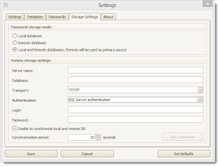 Pdf Postman Outlook add-in's Storage Settings tab, for connecting Password Storage to a central database.
