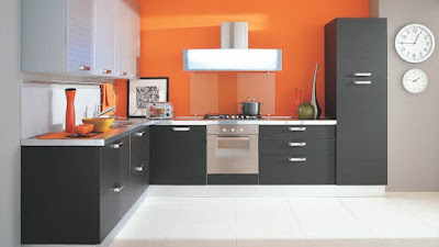 modular gray kitchen cabinets in combination with orange kitchen design