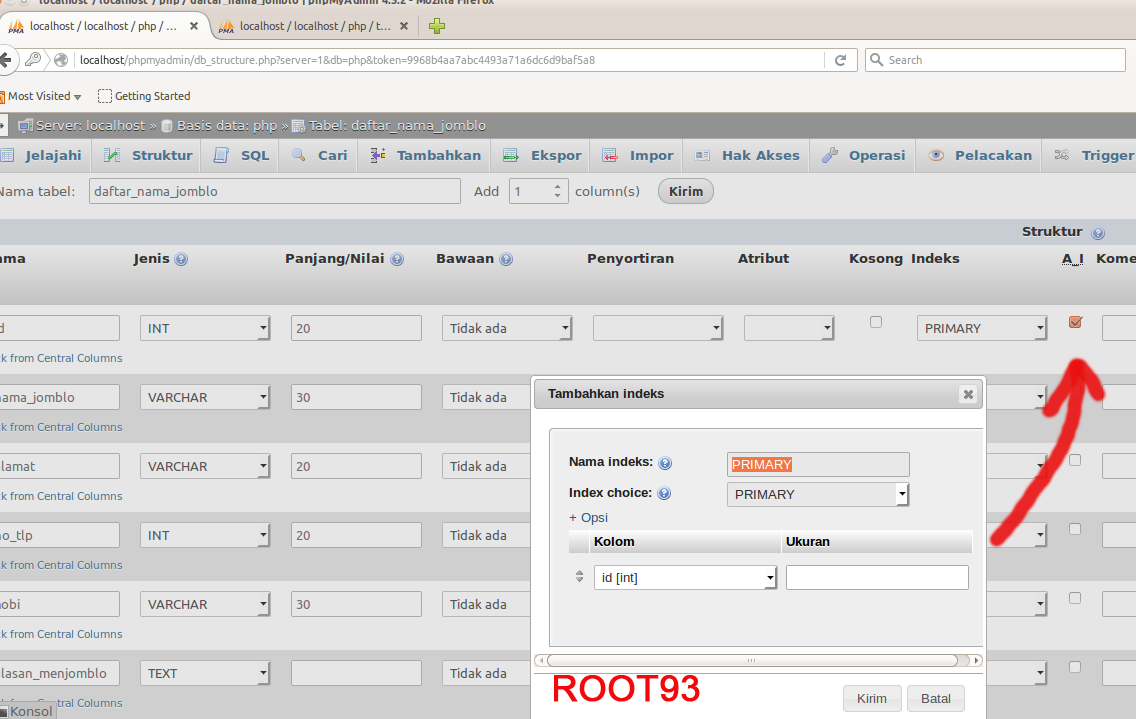 Cara menambahkan auto increment dan primary key pada tabel mysql dengan