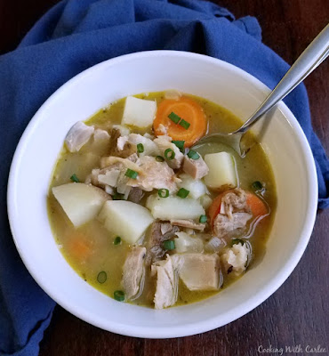 This chicken stew is made quickly with rotisserie or leftover chicken, but that does not make it short on flavor. This shortcut chicken stew is hearty, flavorful and oh so good! bowl of chunky chicken stew