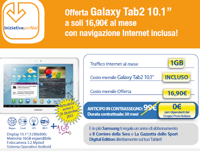 Samsung Galaxy Tab2 10.1'' Promozione PosteMobile