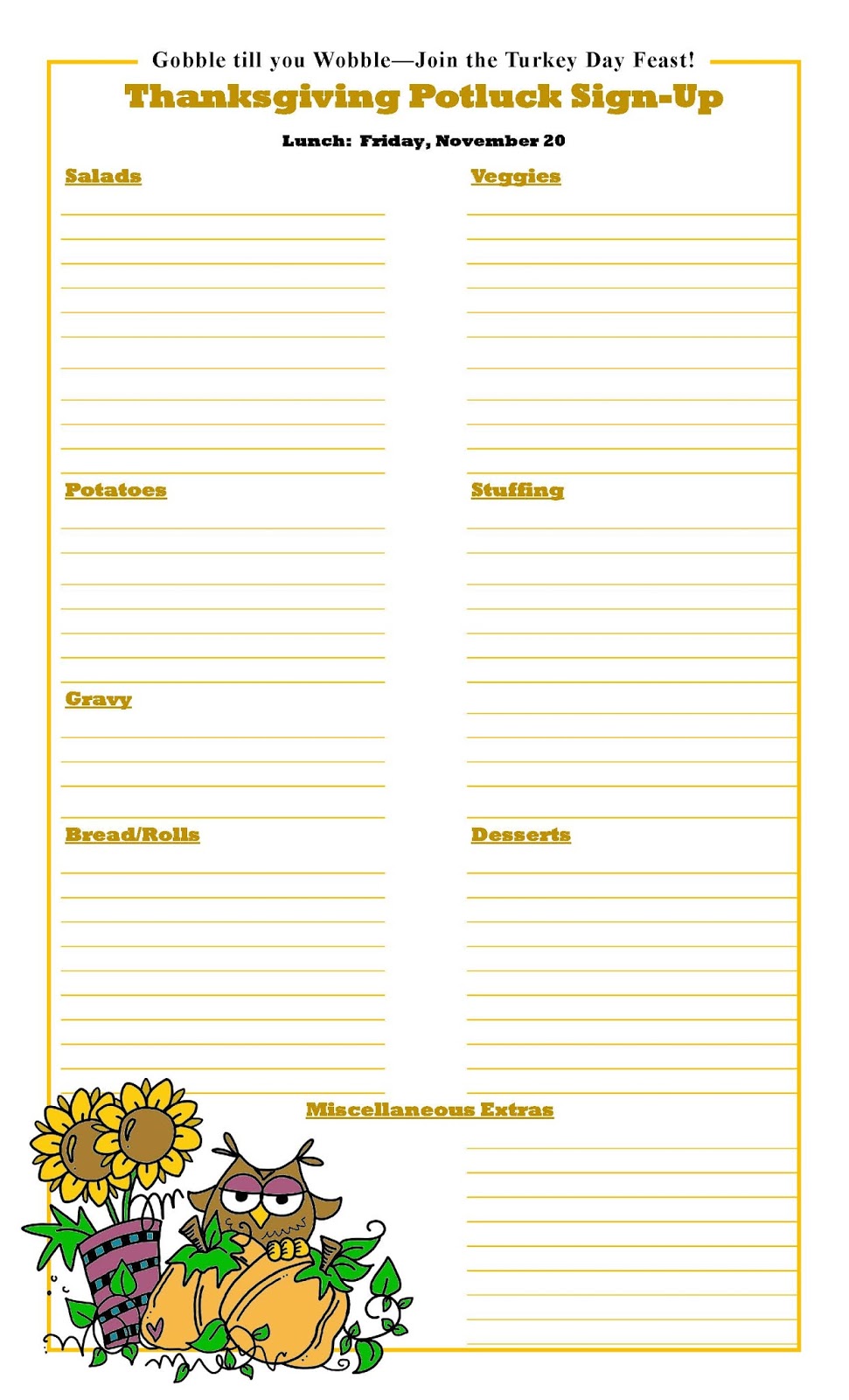 potluck food sign up sheet