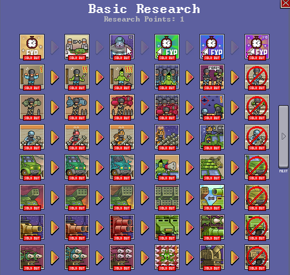 A shot of the Basic Research options in Save the Earth - The Incremental