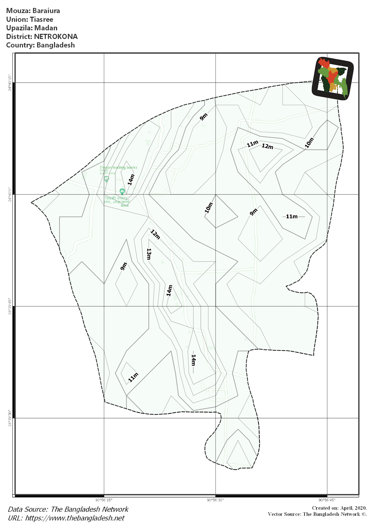 Map of Baraiura Mouza of Madan Upazila, NETROKONA, Bangladesh.