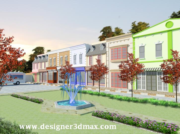 Desain fasad depan toko ruko klasik water fountain - JASA DESIGN 3DMAX